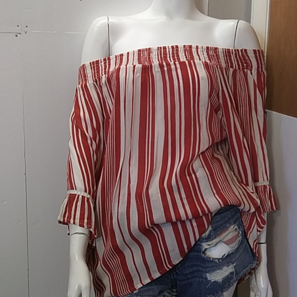 MILLENNIUM RED/WHITE STRIPE OFF SHOULDER SWING TOP